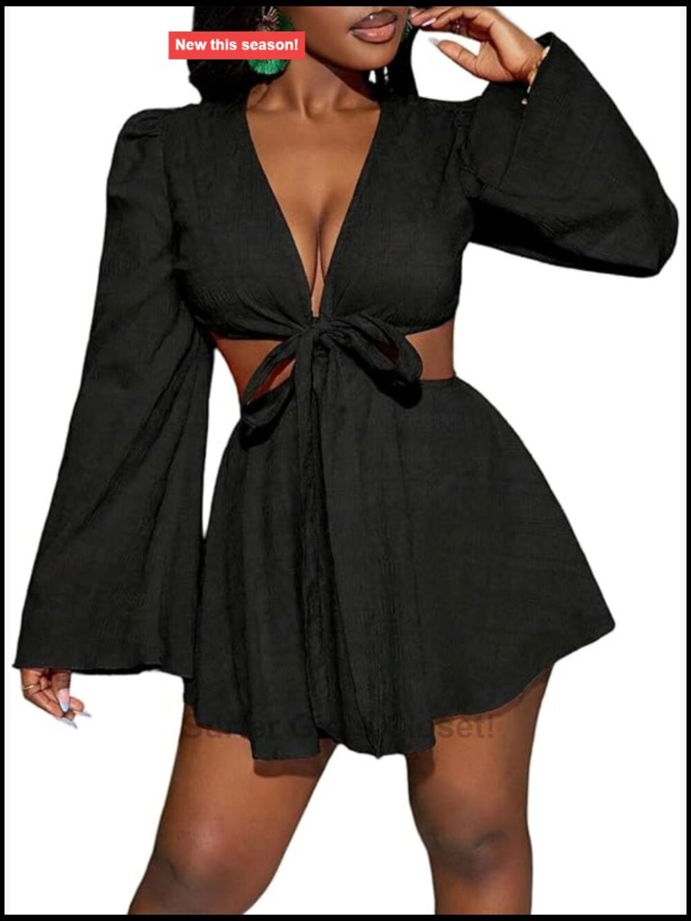 Tropical Bell Sleeve Cut Out Two Piece Dress Set Summer Vacation